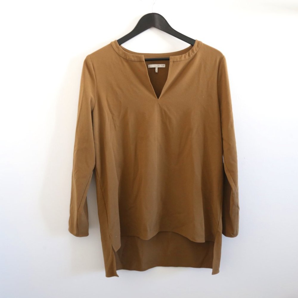OAK + FORT High Low Tan Blouse W/ Neckline Slit - Picture 1 of 4
